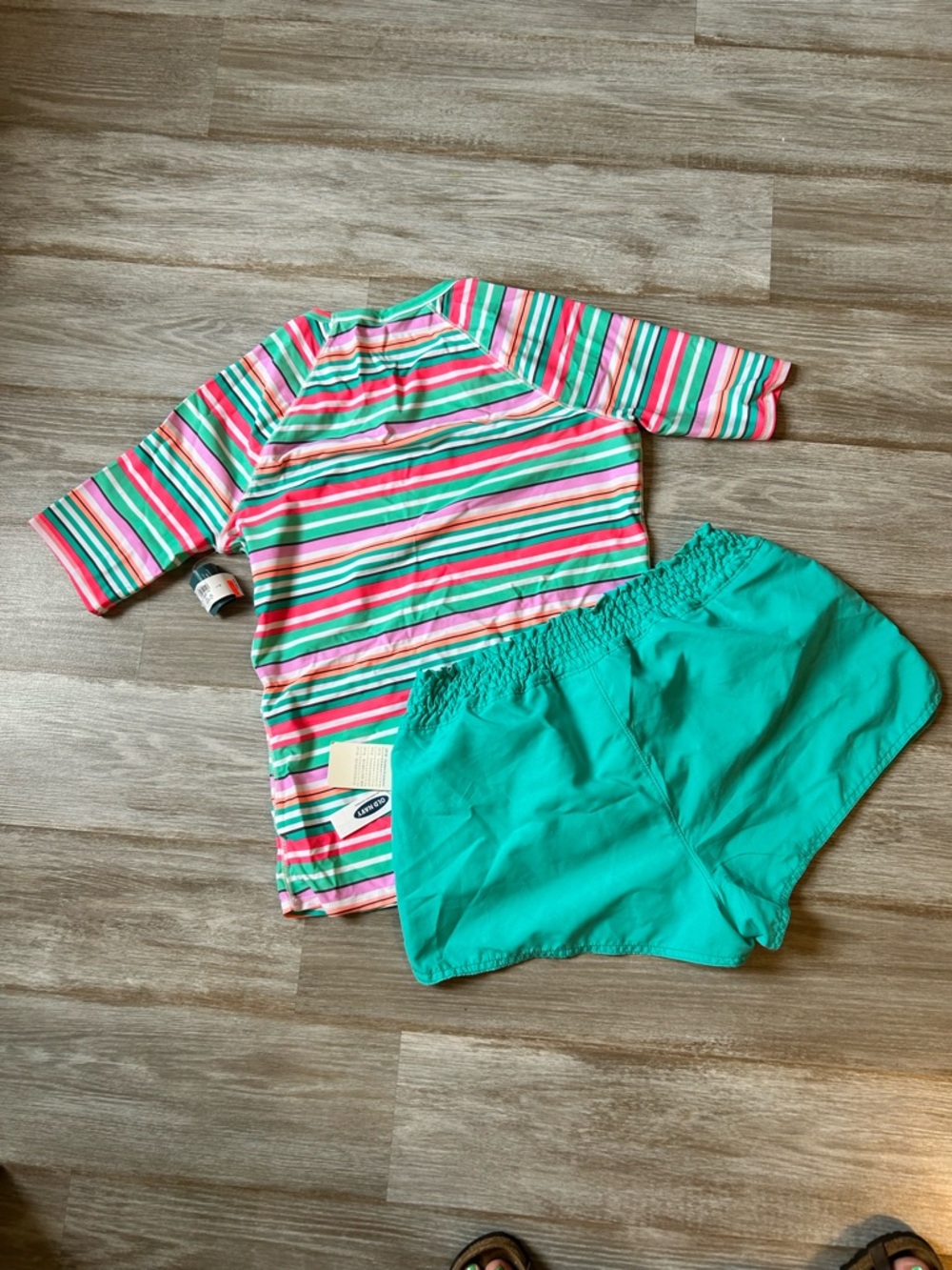 Women’s Old Navy Striped Rash Guard & Teal Swim Shorts Set - Pink, Green, White